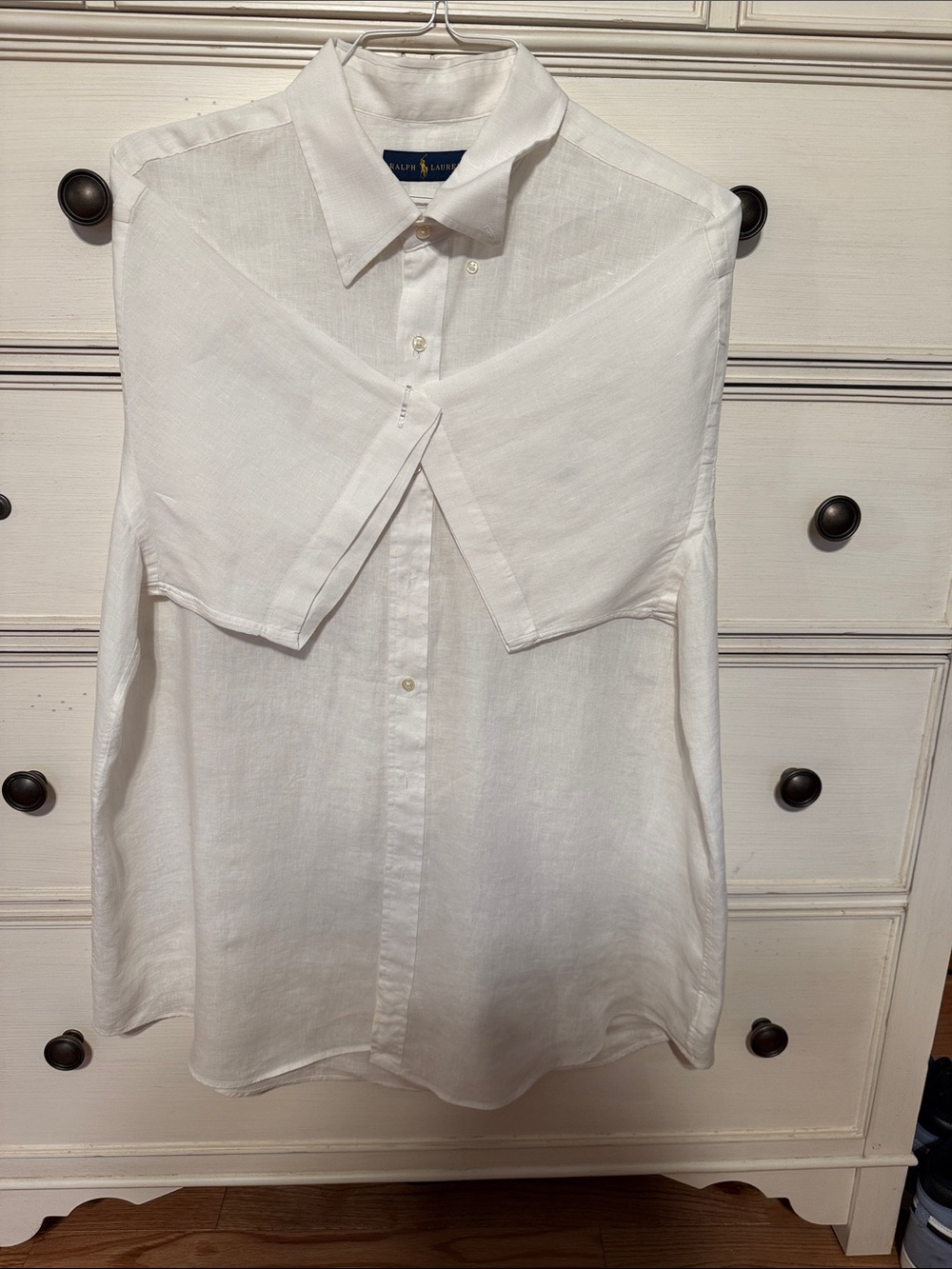 Ralph Lauren White Linen Button-Down Shirt with Point Collar
